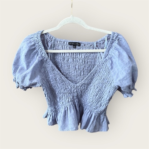 Cotton Candy Tops - Blue Smocked Puff Sleeve Top by the brand Cotton Candy LA deep v neck cropped